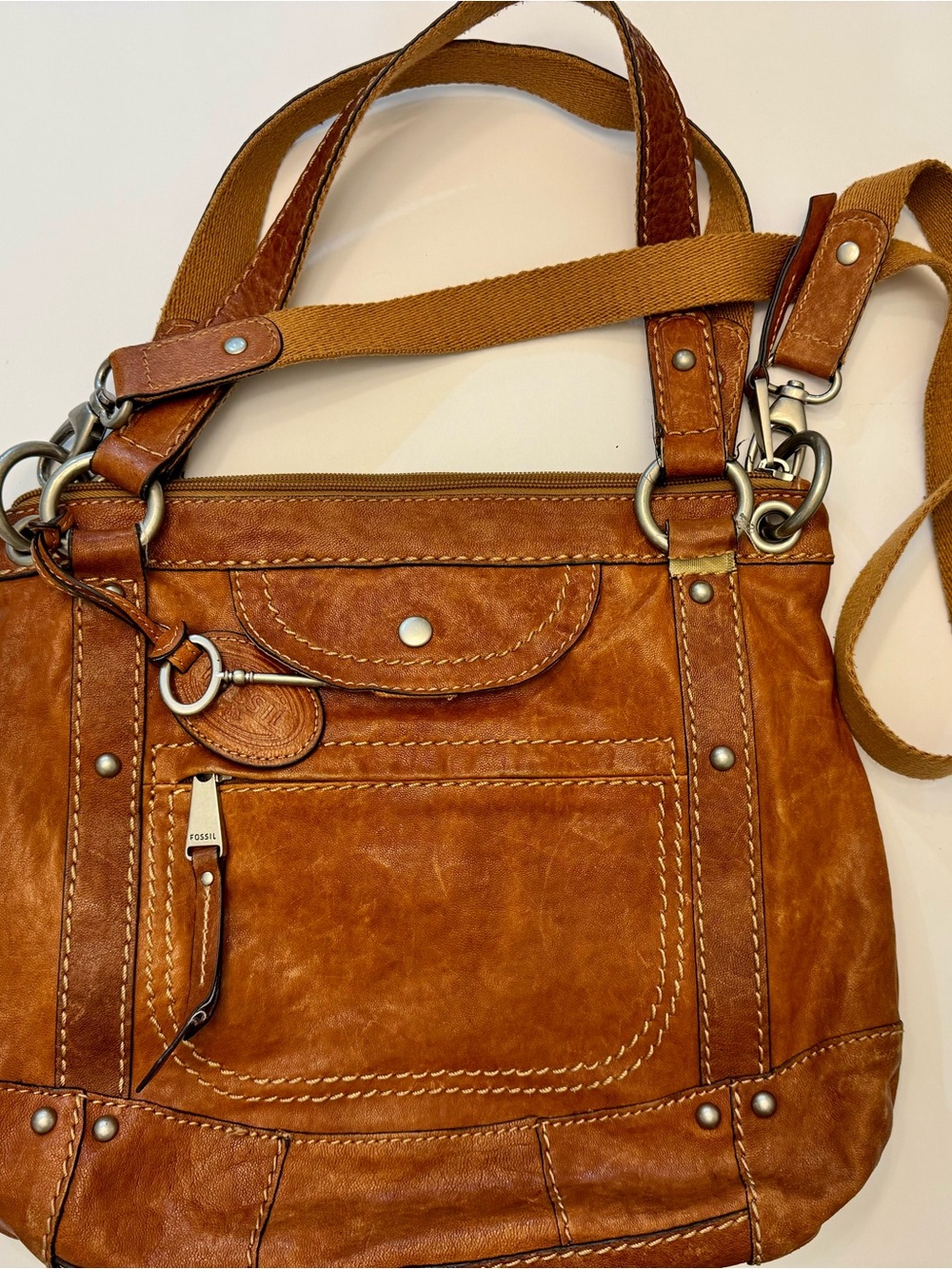 Fossil Brown Leather Shoulder Bag with Canvas Strap